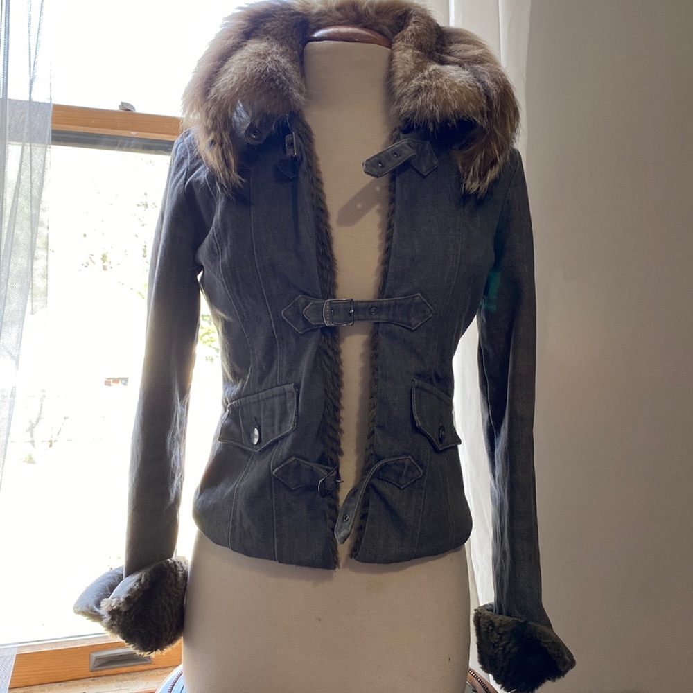 Ferre denim jacket with removable faux fox collar. Made in Italy